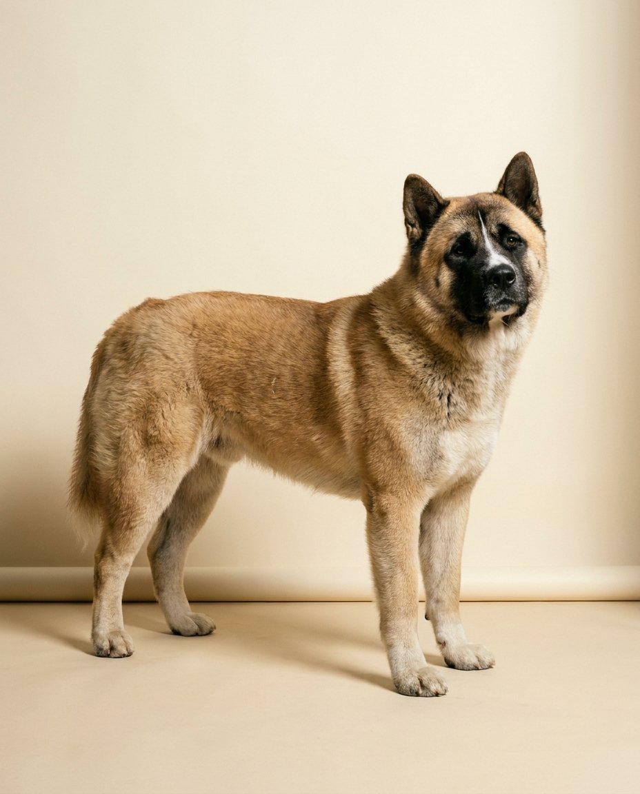 Akita américain fauve à masque noir debout de trois quarts sur fond ivoire