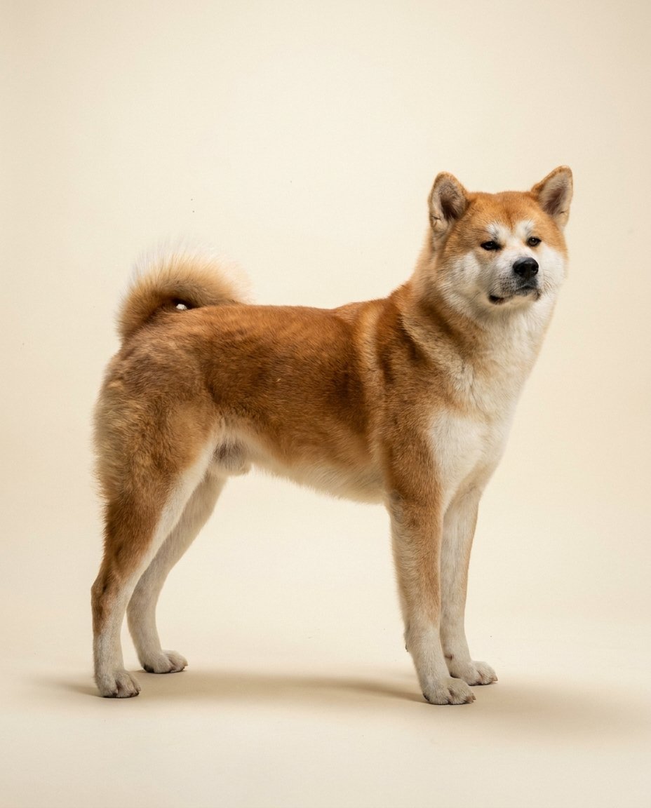 Akita rouge fauve debout de trois quarts sur fond ivoire