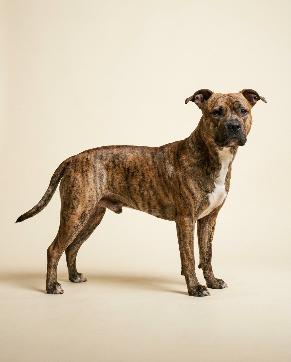 American staffordshire terrier bringé debout de trois quarts sur fond ivoire