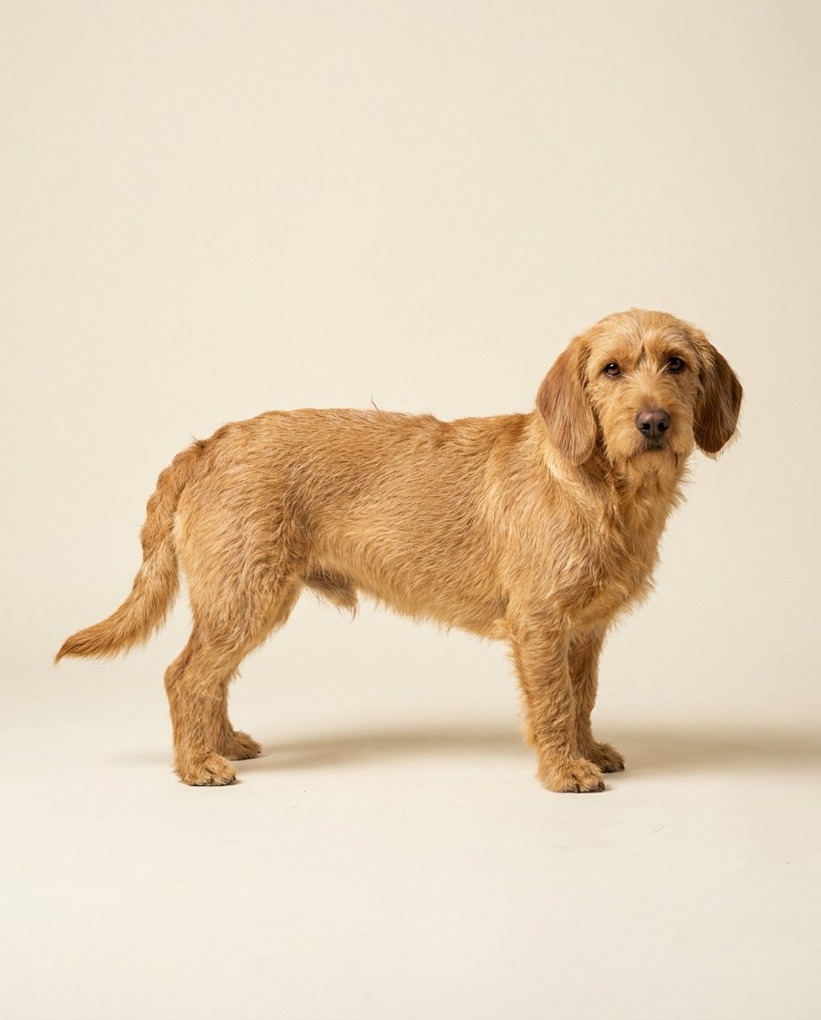 Basset fauve de Bretagne fauve doré debout de trois quarts sur fond ivoire