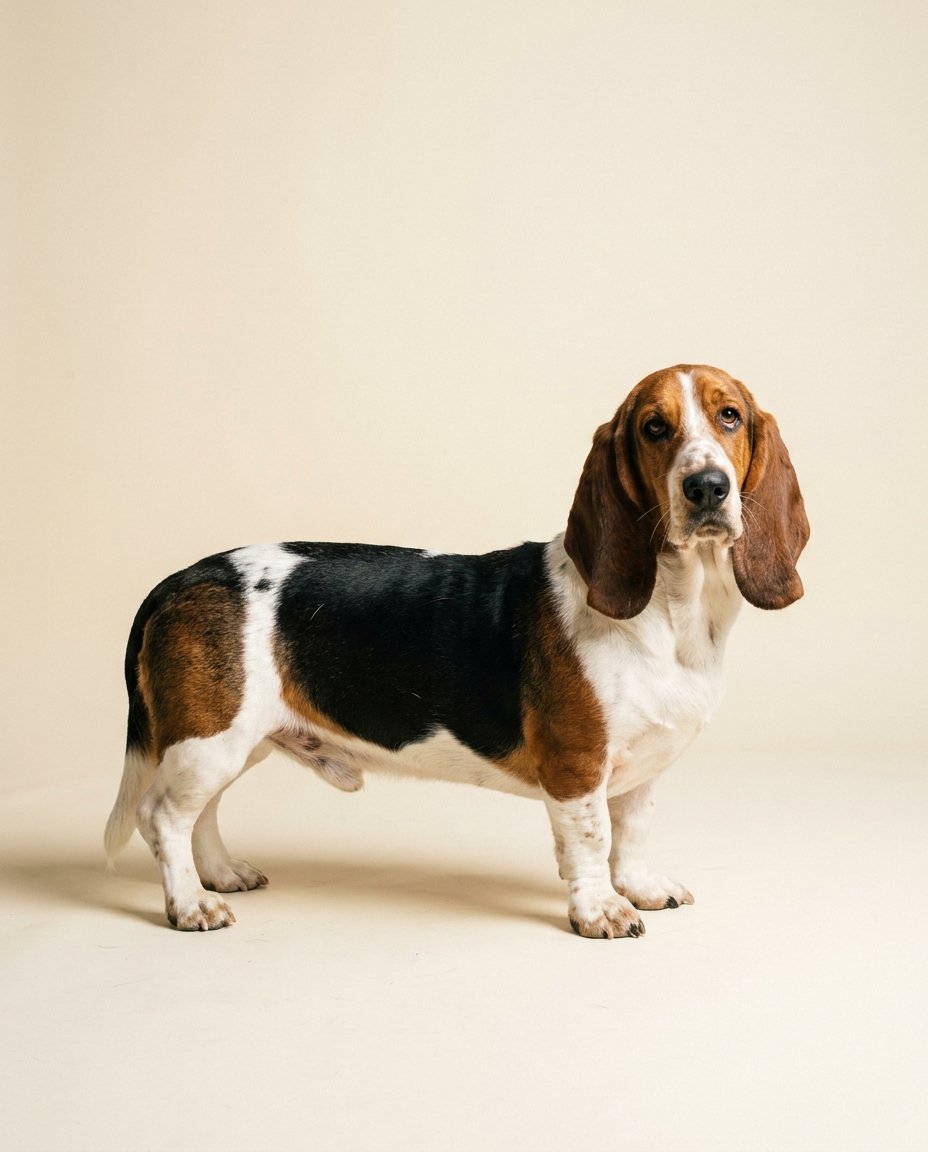 Basset hound tricolore debout de trois quarts sur fond ivoire