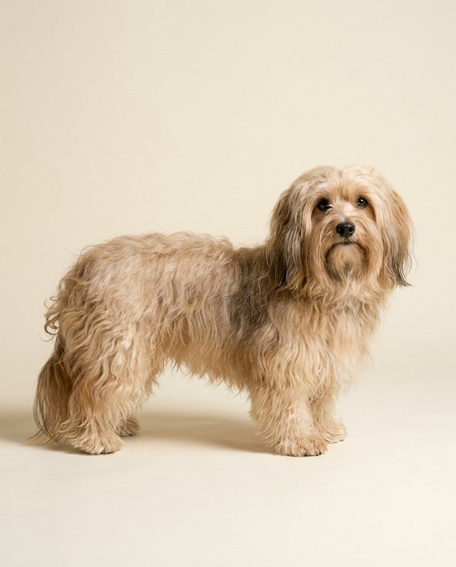 Bichon havanais fauve debout de trois quarts sur fond ivoire