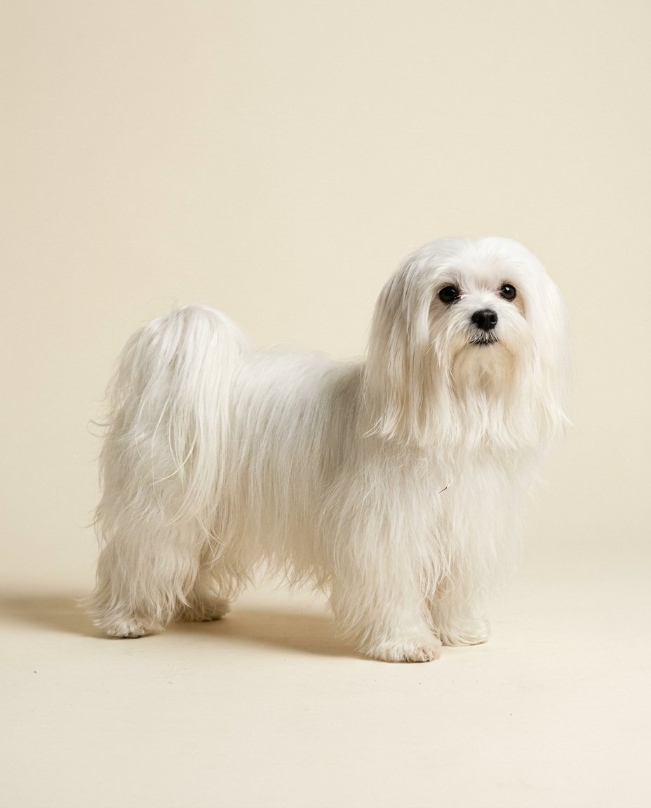 Bichon maltais blanc debout de trois quarts sur fond ivoire