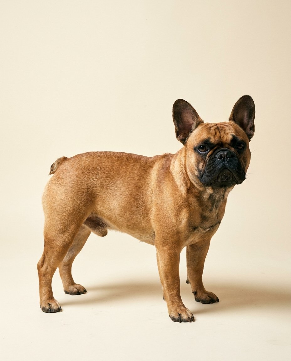 Bouledogue français fauve debout de trois quarts sur fond ivoire