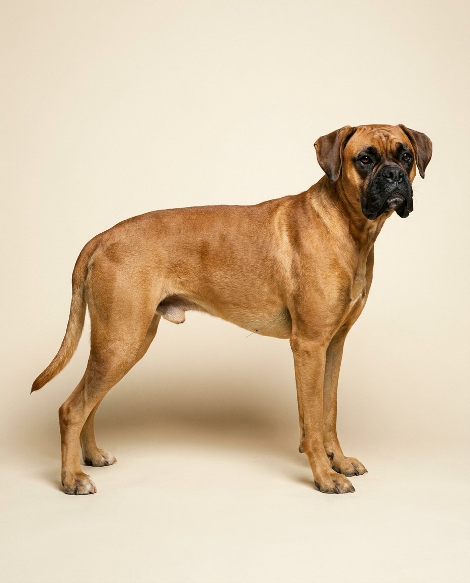 Boxer fauve debout de trois quarts sur fond ivoire