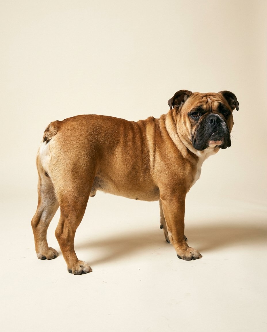 Bulldog anglais fauve debout de trois quarts sur fond ivoire
