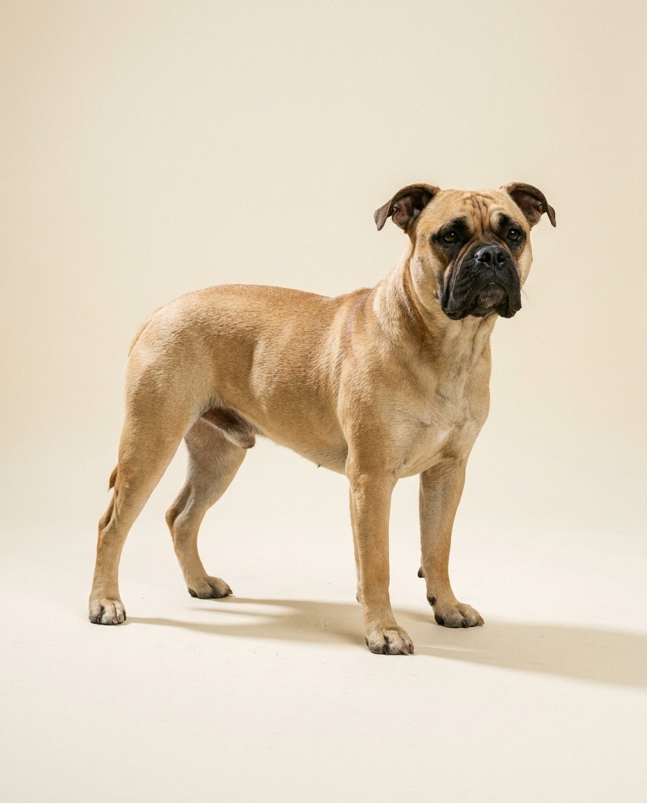 Bulldog continental fauve debout de trois quarts sur fond ivoire
