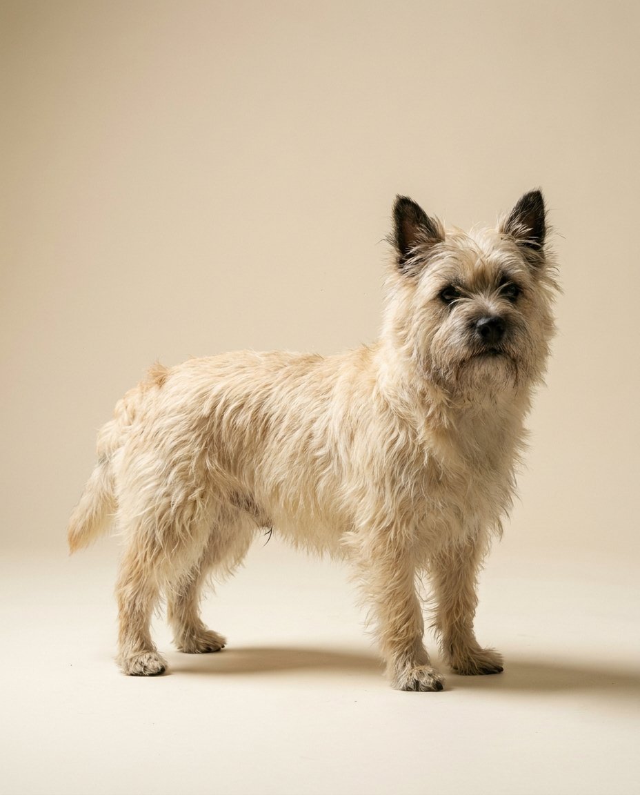 Cairn terrier crème debout de trois quarts sur fond ivoire