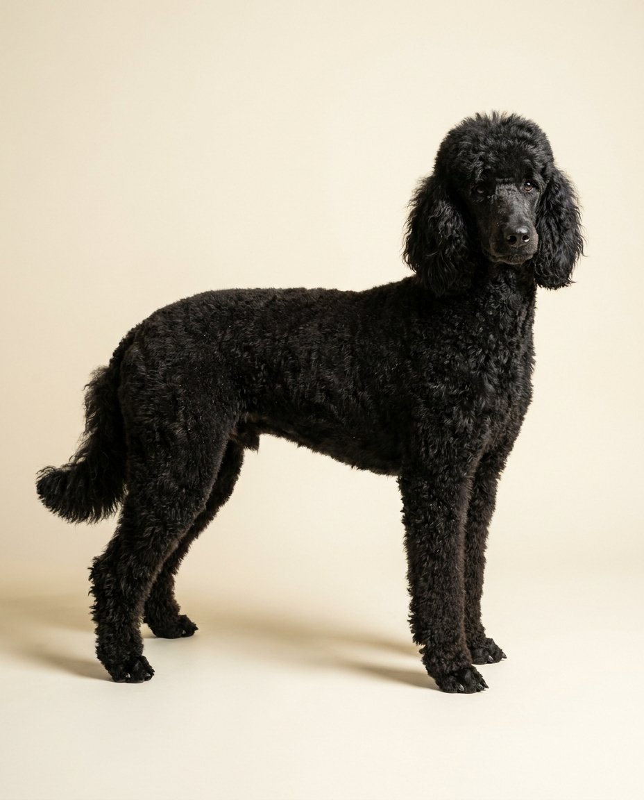 Caniche noir debout de trois quarts sur fond ivoire