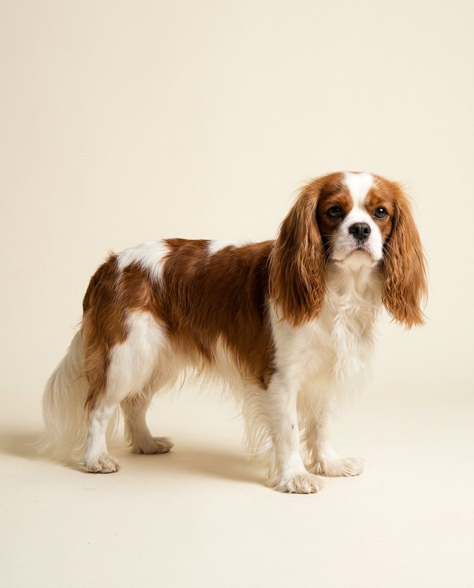 Cavalier king charles blenheim debout de trois quarts sur fond ivoire