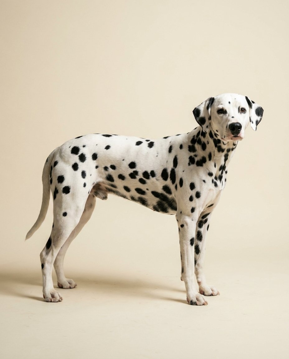 Dalmatien blanc à taches noires debout de trois quarts sur fond ivoire