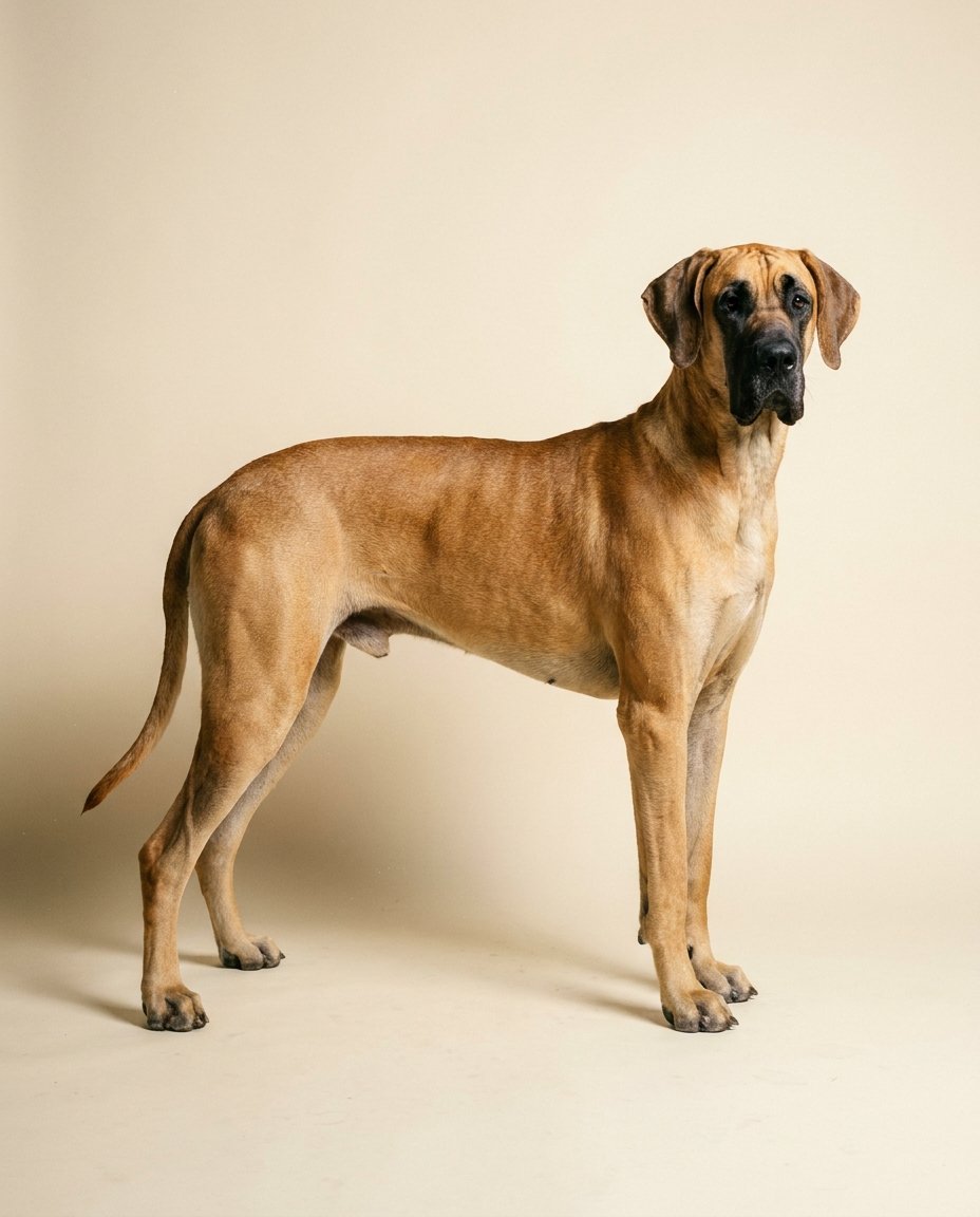 Dogue allemand fauve debout de trois quarts sur fond ivoire