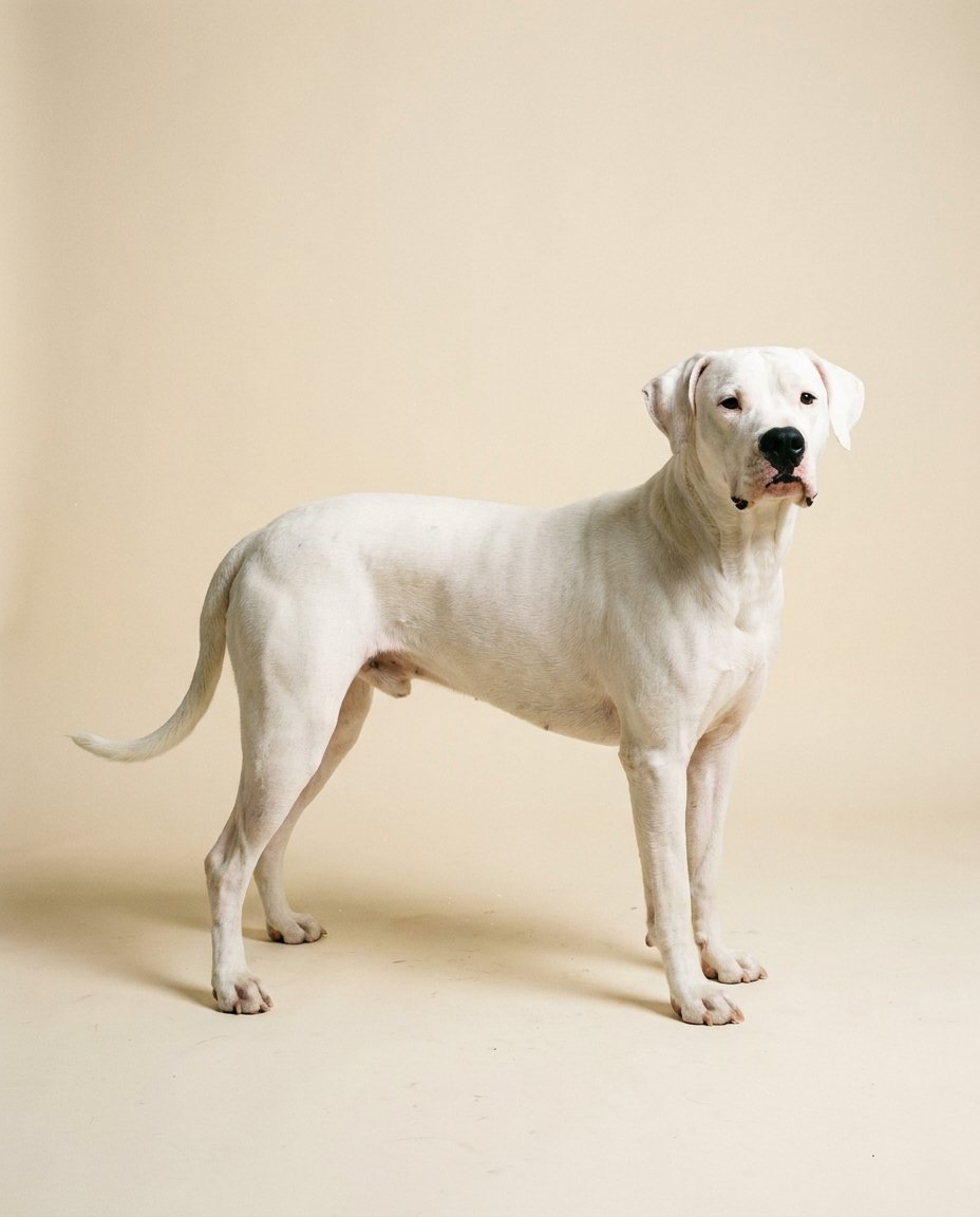 Dogue argentin blanc pur debout de trois quarts sur fond ivoire