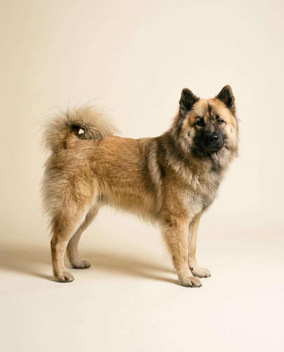 Eurasier fauve debout de trois quarts sur fond ivoire