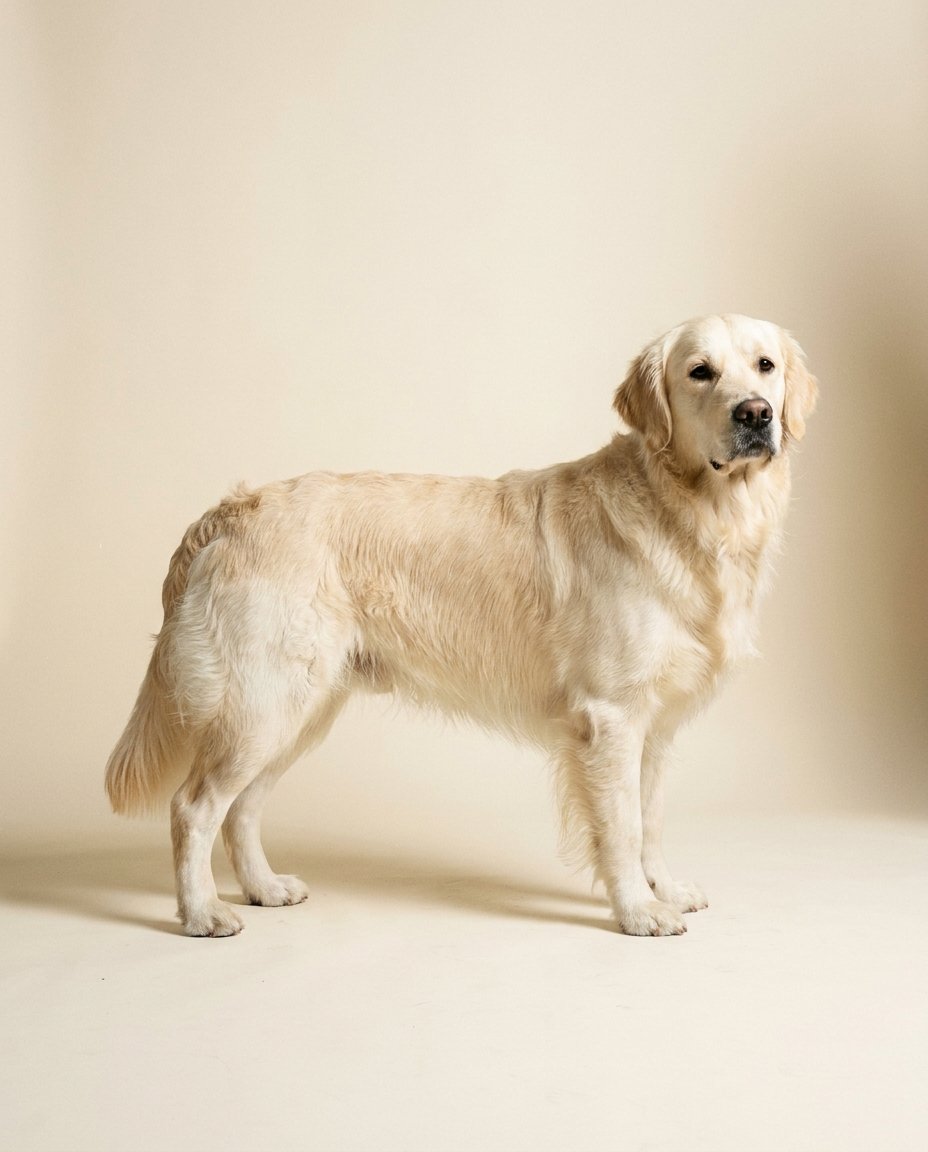 Golden retriever crème debout de trois quarts sur fond ivoire
