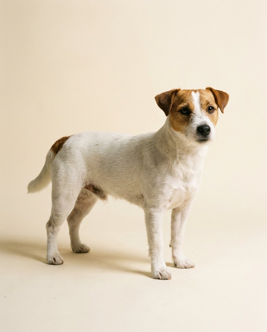 Jack russell blanc et feu debout de trois quarts sur fond ivoire