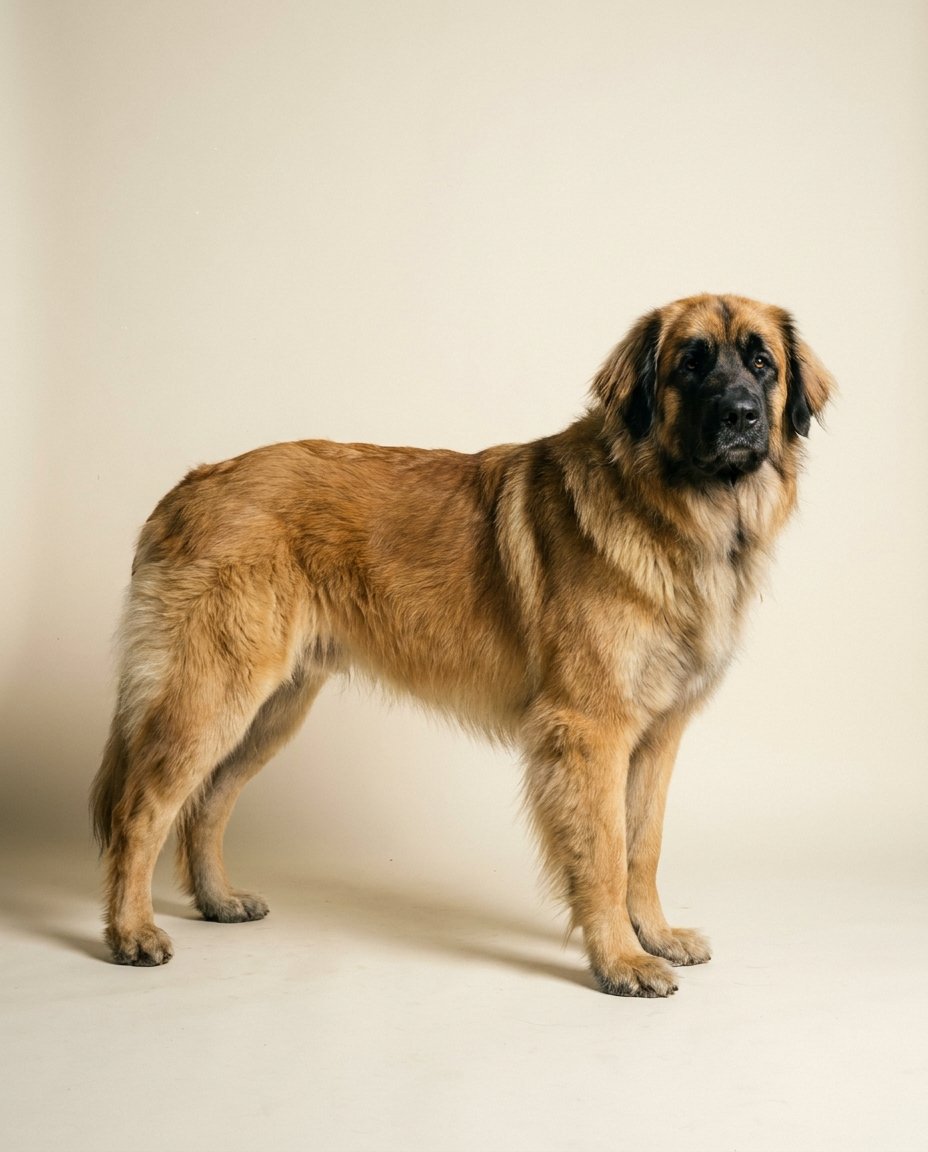 Chien de Leonberg jaune lion debout de trois quarts sur fond ivoire