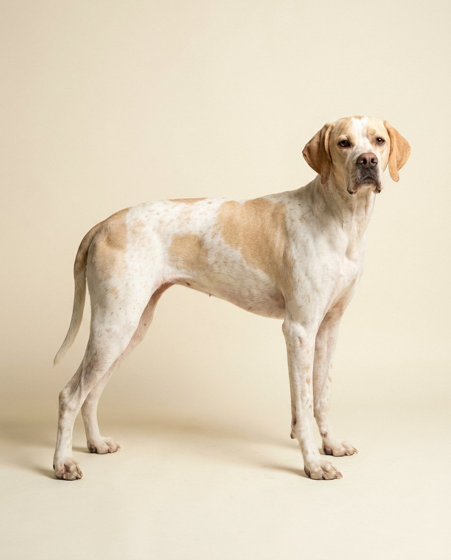 Pointer anglais citron et blanc debout de trois quarts sur fond ivoire