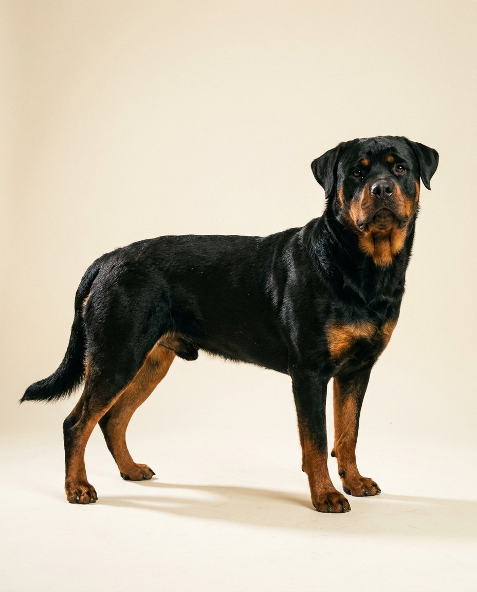 Rottweiler noir et feu debout de trois quarts sur fond ivoire