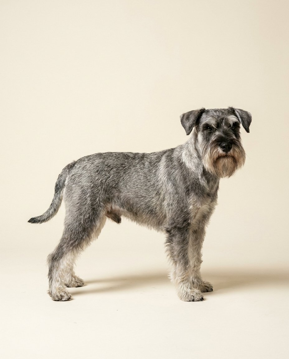 Schnauzer nain poivre et sel debout de trois quarts sur fond ivoire