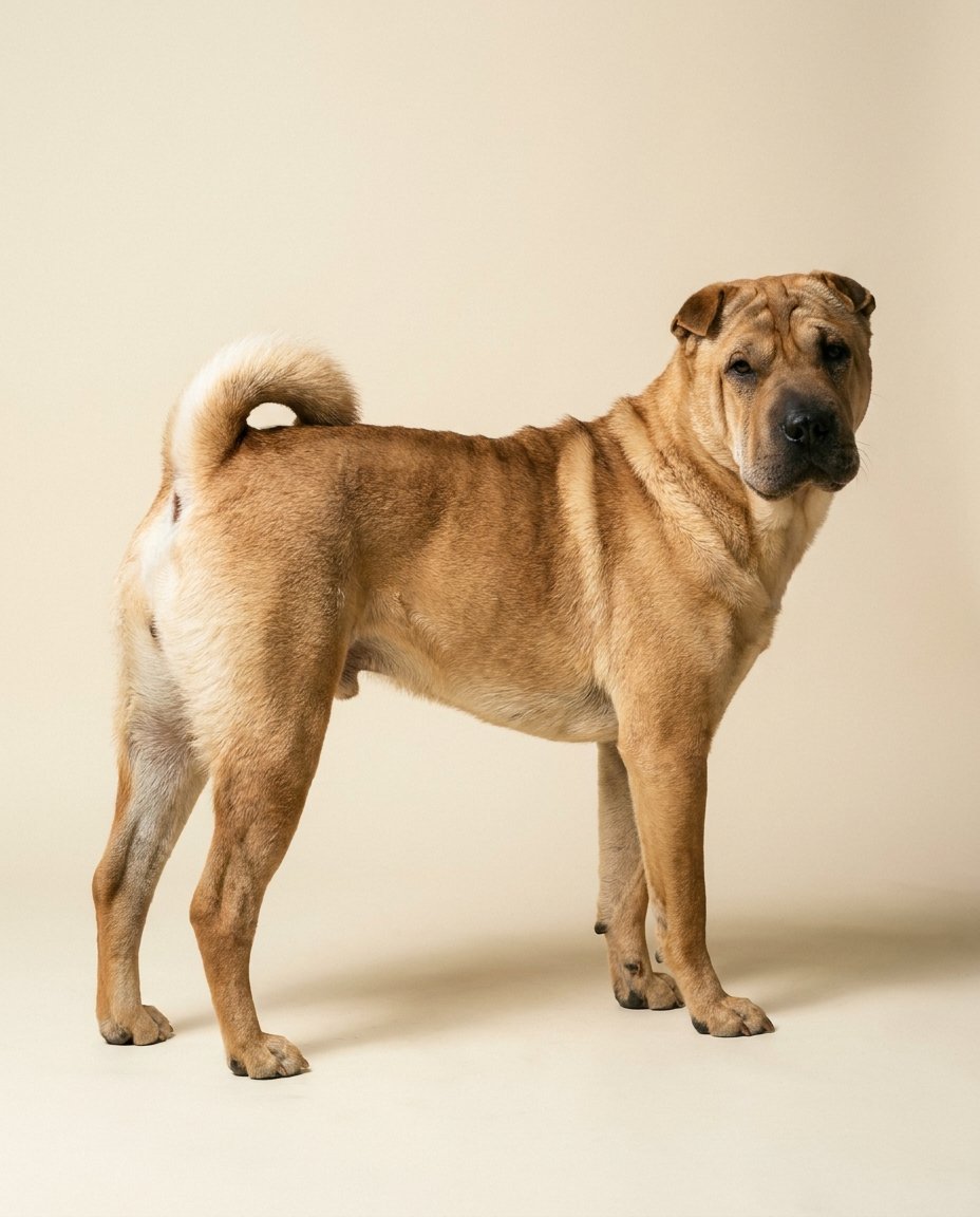 Shar peï fauve debout de trois quarts sur fond ivoire