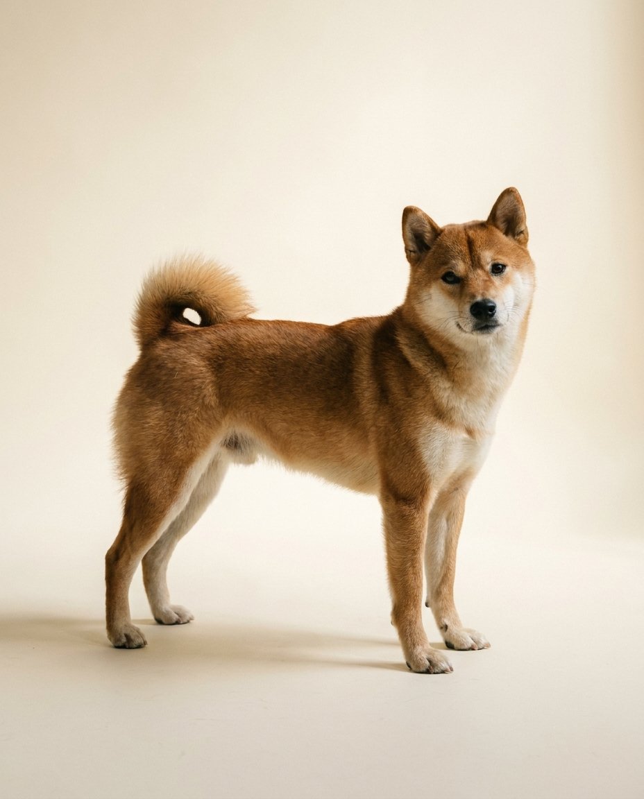 Shiba rouge debout de trois quarts sur fond ivoire