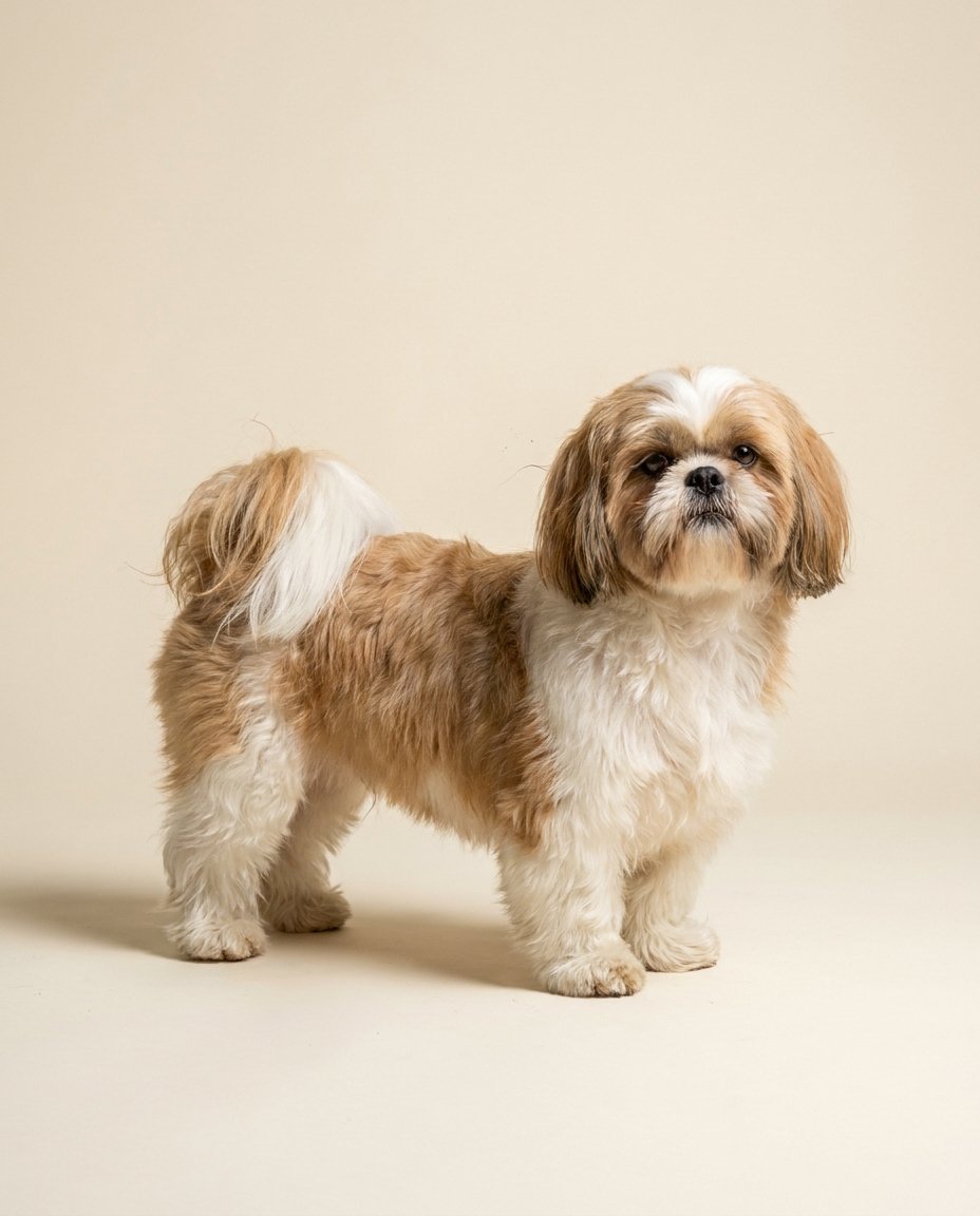 Shih tzu or et blanc debout de trois quarts sur fond ivoire