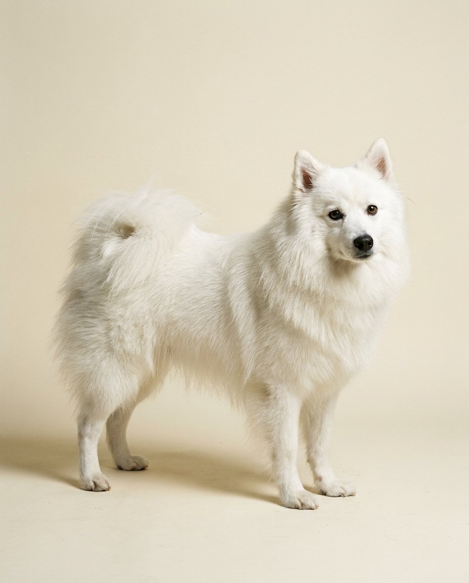 Spitz japonais blanc pur debout de trois quarts sur fond ivoire