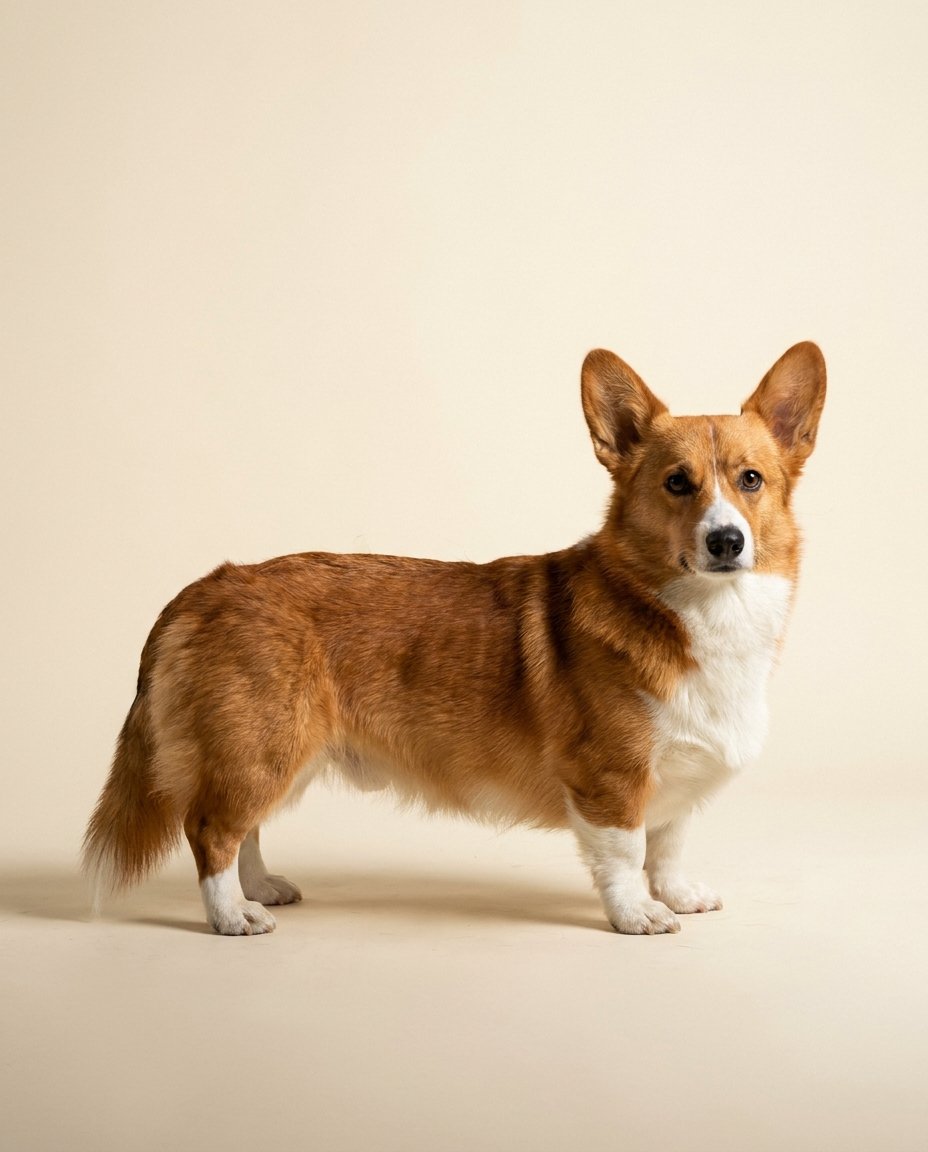 Welsh corgi pembroke rouge debout de trois quarts sur fond ivoire