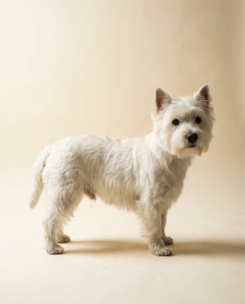 West highland white terrier blanc debout de trois quarts sur fond ivoire