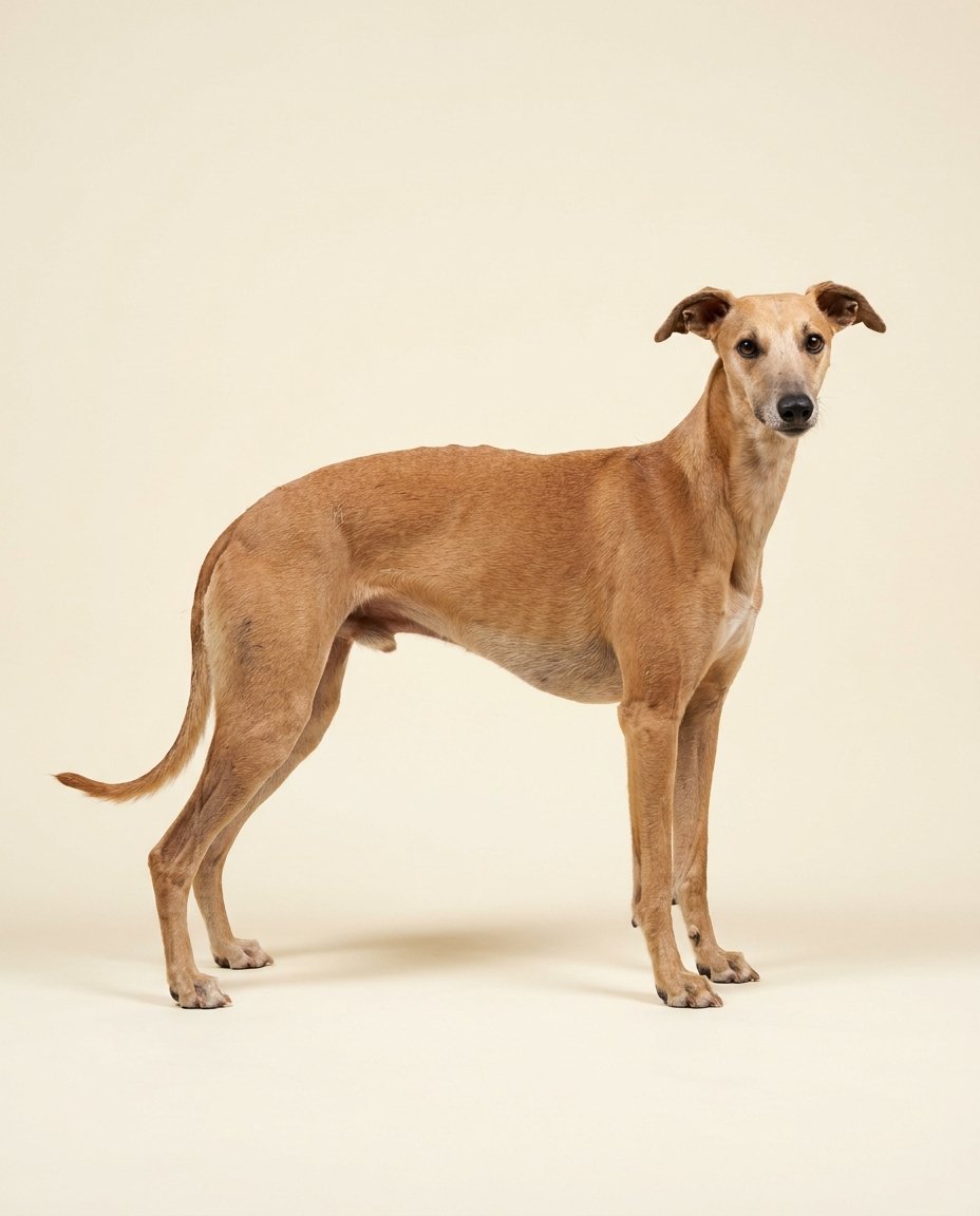 Whippet fauve debout de trois quarts sur fond ivoire