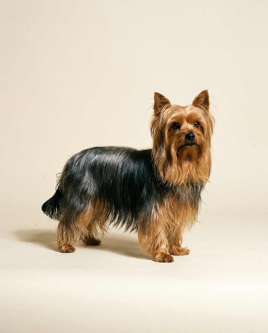 Yorkshire terrier bleu acier et feu debout de trois quarts sur fond ivoire